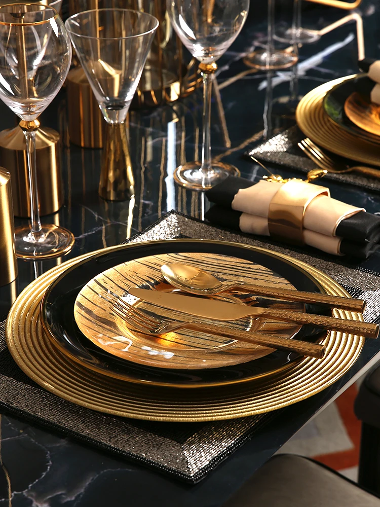 

Dinning Black Plate Set Luxury Tableware Pasta Salad Glass Plates Dinner Serving Golden Placa De Conjuntos Dinnerware