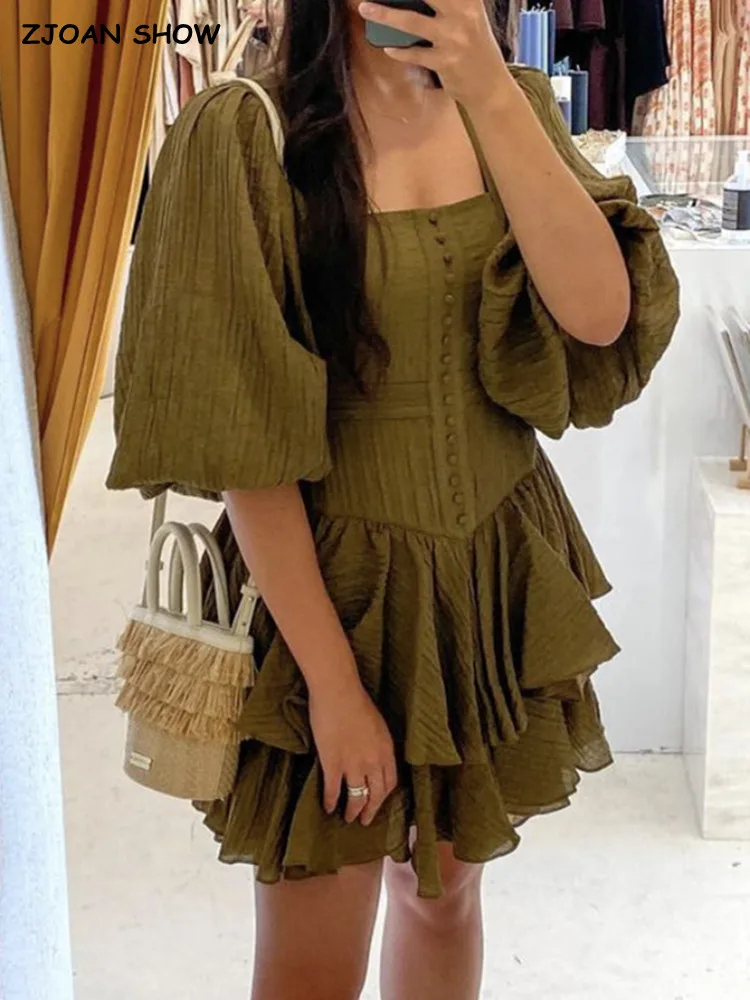 

2022 Women Sexy Wrinkly Solid Green Square Collar Lantern Sleeve Dress 2 layer Wood Ears Ruffles Hem Cake Mini Holiday Robe