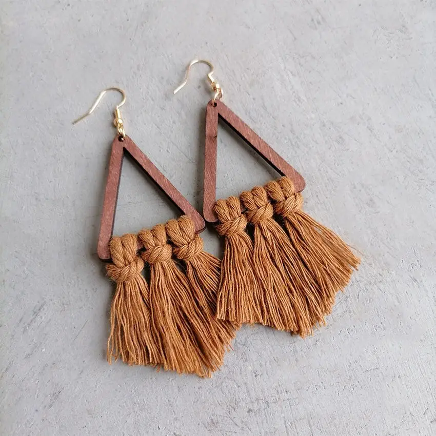 Треугольные деревянные серьги ручной работы для женщин Новые легкие с бахромой