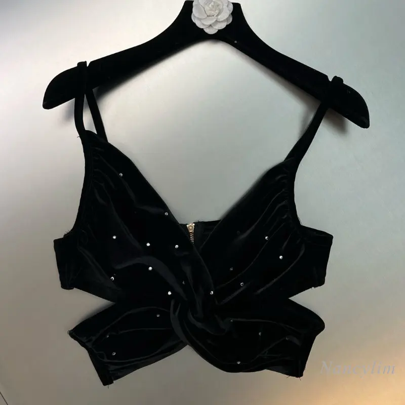 

2023 Spring Winter Spaghetti Strap Cross Waist Hollow Design Sexy Velvet Camisole for Women Black Crop Top