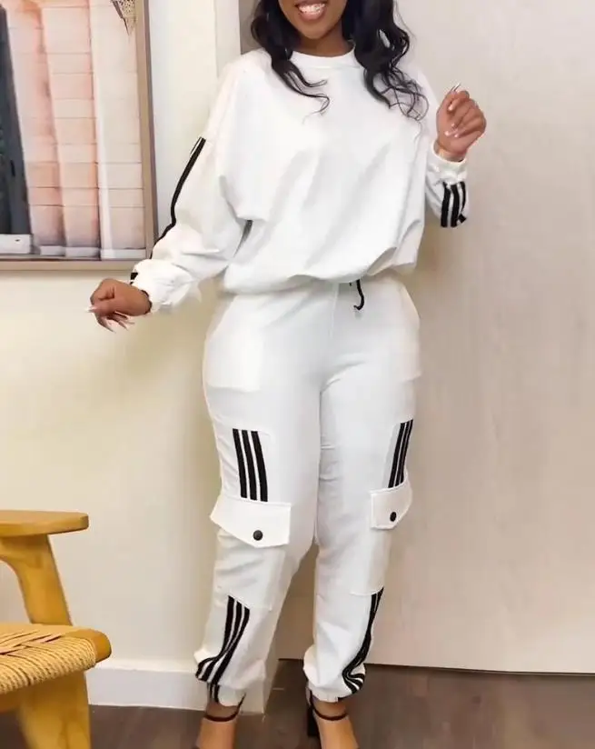

Two Piece Set Women Outfit 2023 Spring Fashion Striped Drawstring Round Neck Long Sleeve Top & Casual Pocket Cuffed Pants Set