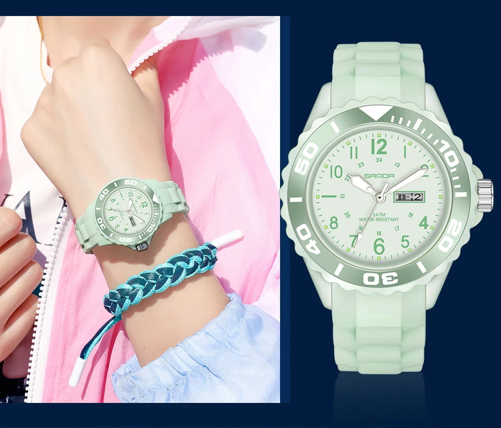 Fashion Sanda Top Brand 2023 New Ladies Wrist Watches Dress Blue Watch Women Silicone Strap Clock With Day Montre Femme 1053