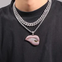 hipster hip hop rap personality pink lip zircon braces pendant necklace men cool exaggerate cuban men chains gift jewelry