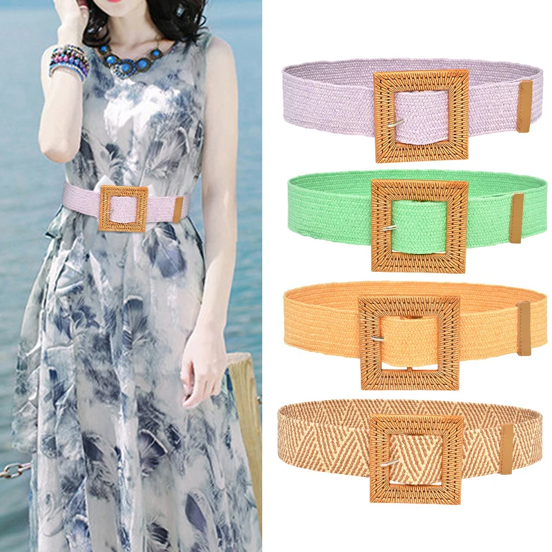

Candy Color Bohemian PP Straw Belt All-matxh Women Stretch Cummerbunds Straw Linen Woven Waist Belt Dress Decorative Waistband