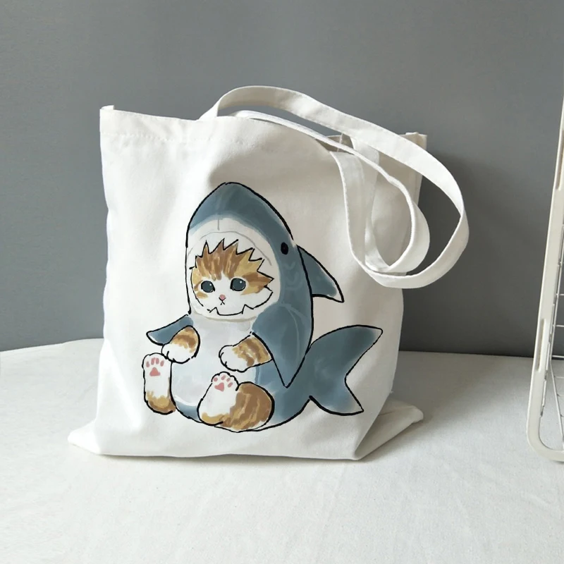 

Harajuku Kawaii Cat Shark Y2k Shoulder Bag Fashion Casual Women Canvas Bag Cartoon Large Capacity Zipper Women Bag Shopper bags