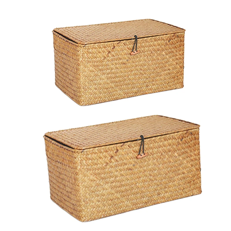 

HOT-2 Pcs Handmade Straw Woven Storage Basket With Lid Makeup Organizer Storage Box Seagrass Laundry Baskets, L & M