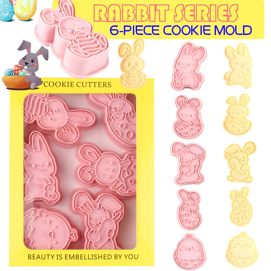 

6Pcs/Set Easter Bunny Eggs Cartoon Frosting Cookie Cutters Plastic Mold Pressable Biscuit Press Mould Stamp Baking Pastry Tools