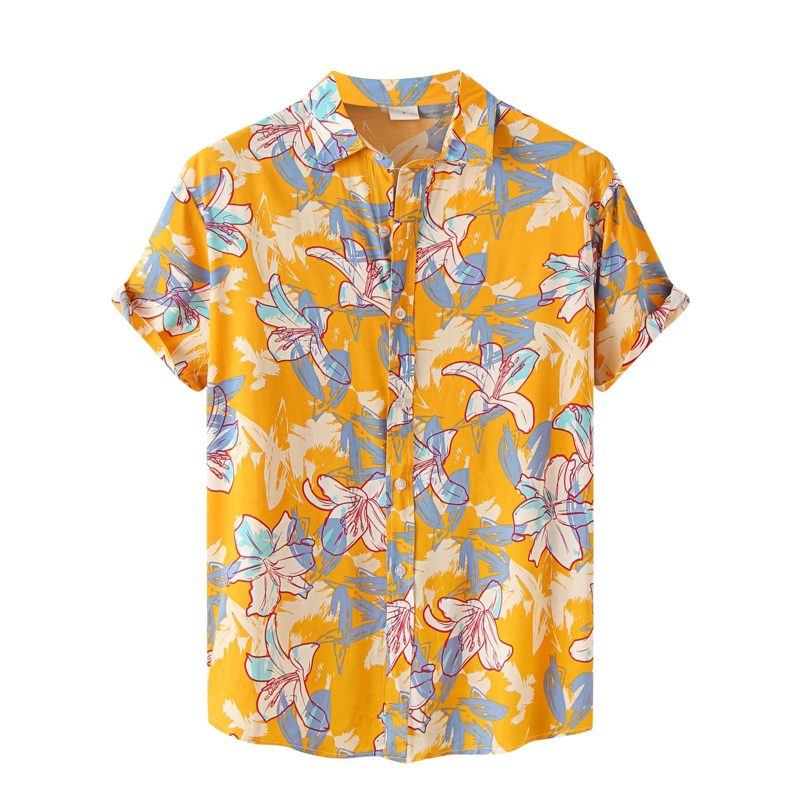 

Рубашка мужская с цветочным принтом, модная повседневная с отложным воротником и короткими рукавами, топ с лямкой на шее, модная летняя одеж...