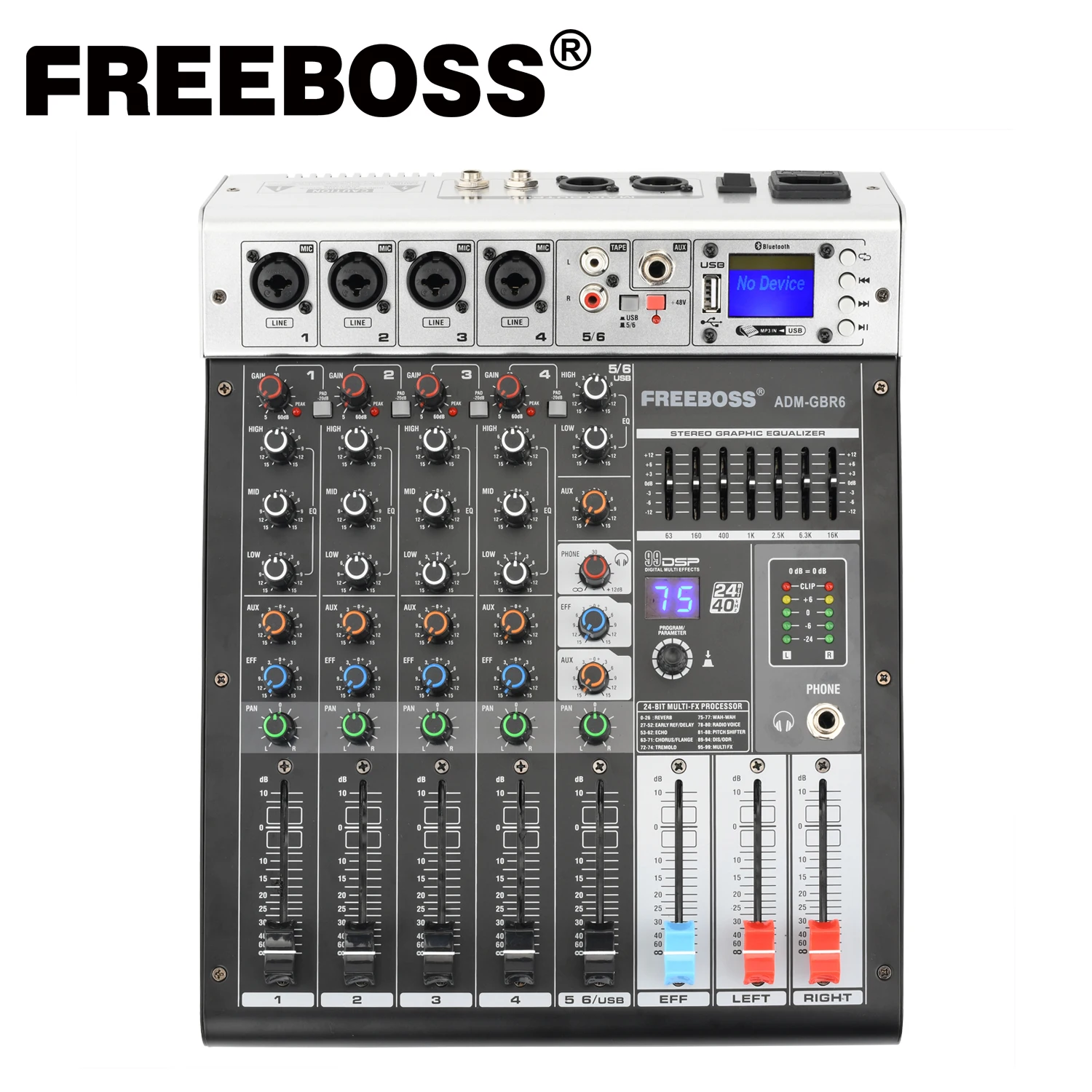 

FREEBOSS + 48 В фантомное питание эффект повтора USB воспроизведение записи Bluetooth караоке DJ консоль 99 DSP аудио миксер 6 каналов