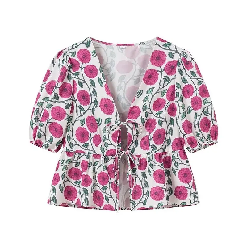 Модная рубашка с V-образным вырезом и принтом на шнуровке коротким рукавом для