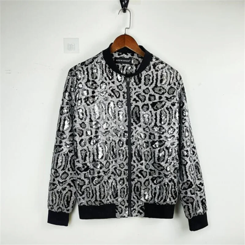 Spring men's sequin jacket embroidered leopard print slim baseball coats new ropa veste casacos ceketler куртки casacas para hom