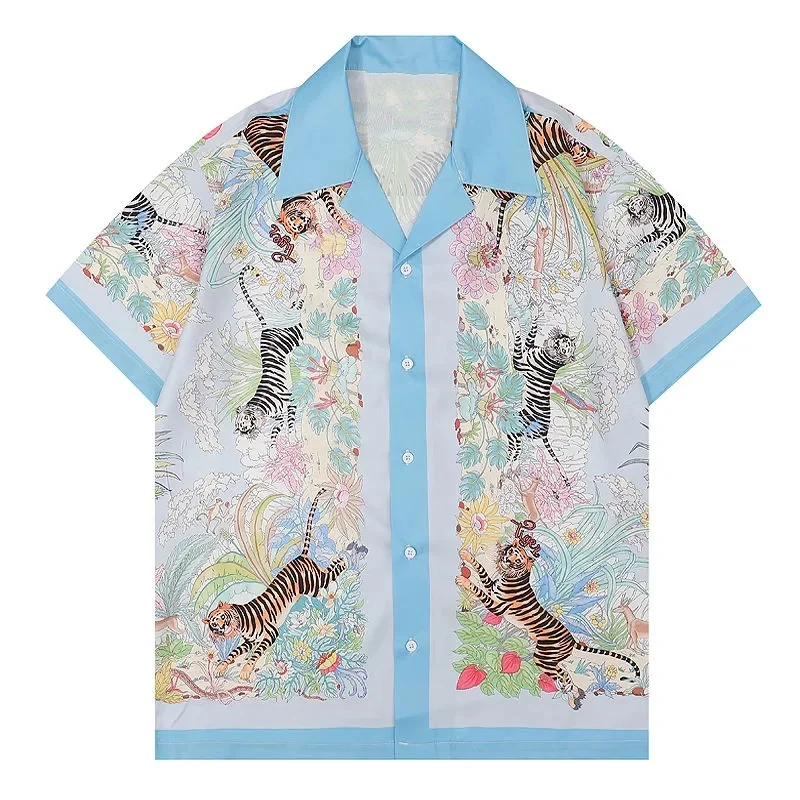 Hip Hop Harajuku Casual Beach Holiday Button Tops Hawaiian Shirt Streetwear Animal Tiger Shirts Streetwear Men Camisas De Hombre