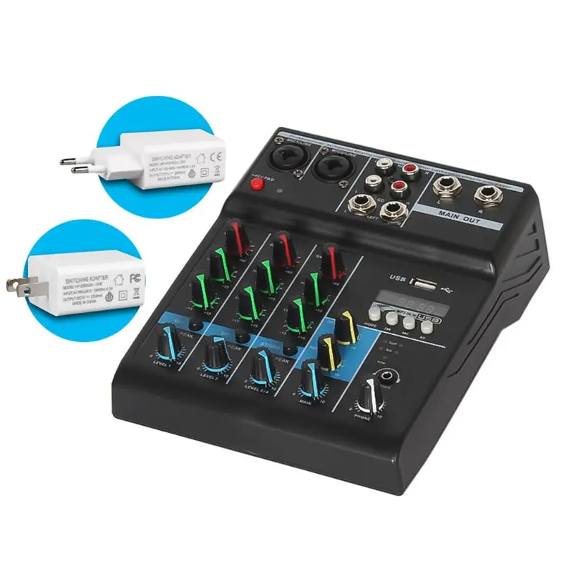 

Professional Audio Mixer 4 Channels Bluetooth Sound Mixing Console for Home Karaoke KTV with USB Sound Card Sound Effects