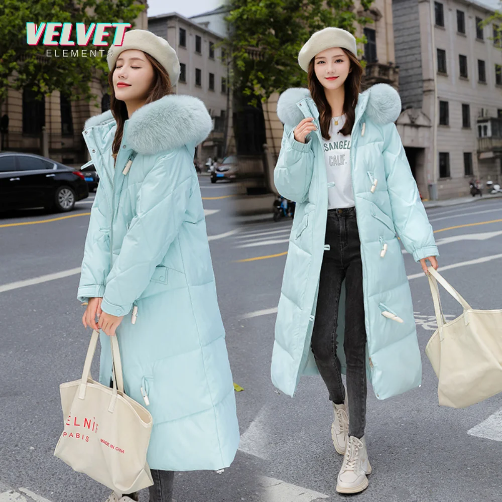 VelvetElement Winter Parkas Women Large Fur Collar Hooded X-Long Jacket Thickness Cotton Padded Overcoat -30 Degree Snow Outwear