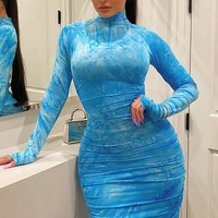 spring new high quality print turtleneck bodycon midi dress woman 2020 casual blue long sleeve pleated slim zipper dress mujer