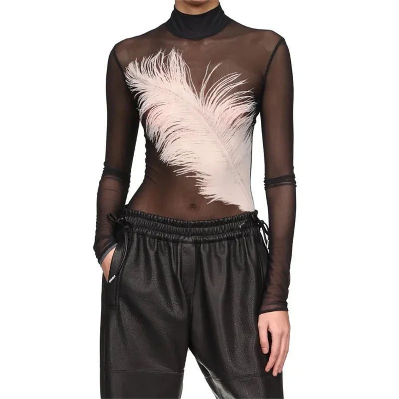 Женское боди 2024 осенняя новая мода с принтом перьев женские сексуальные