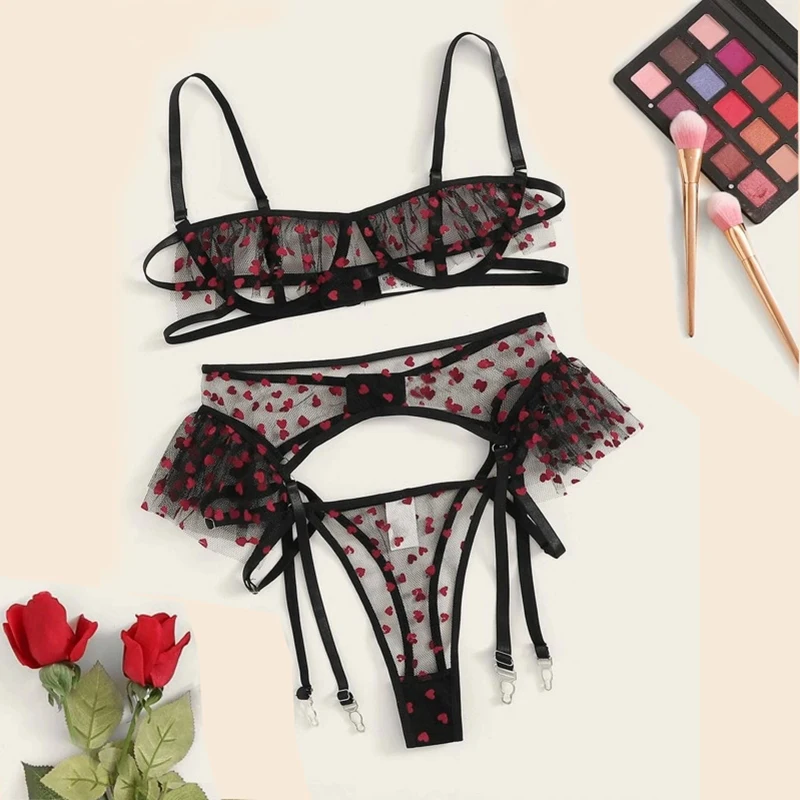 

Woman Aduloty Heart Print Garter Sheer Lingerie Sexy Pajamas Set Mesh Cupless Underwire Thong Cute Lace Exotic Thin Bra Set