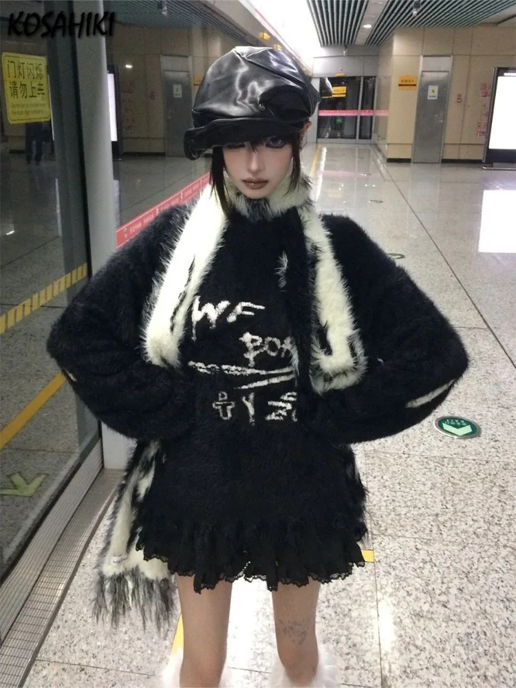 Свободный женский свитер в стиле ретро Y2k винтажный трикотажный панк с надписью