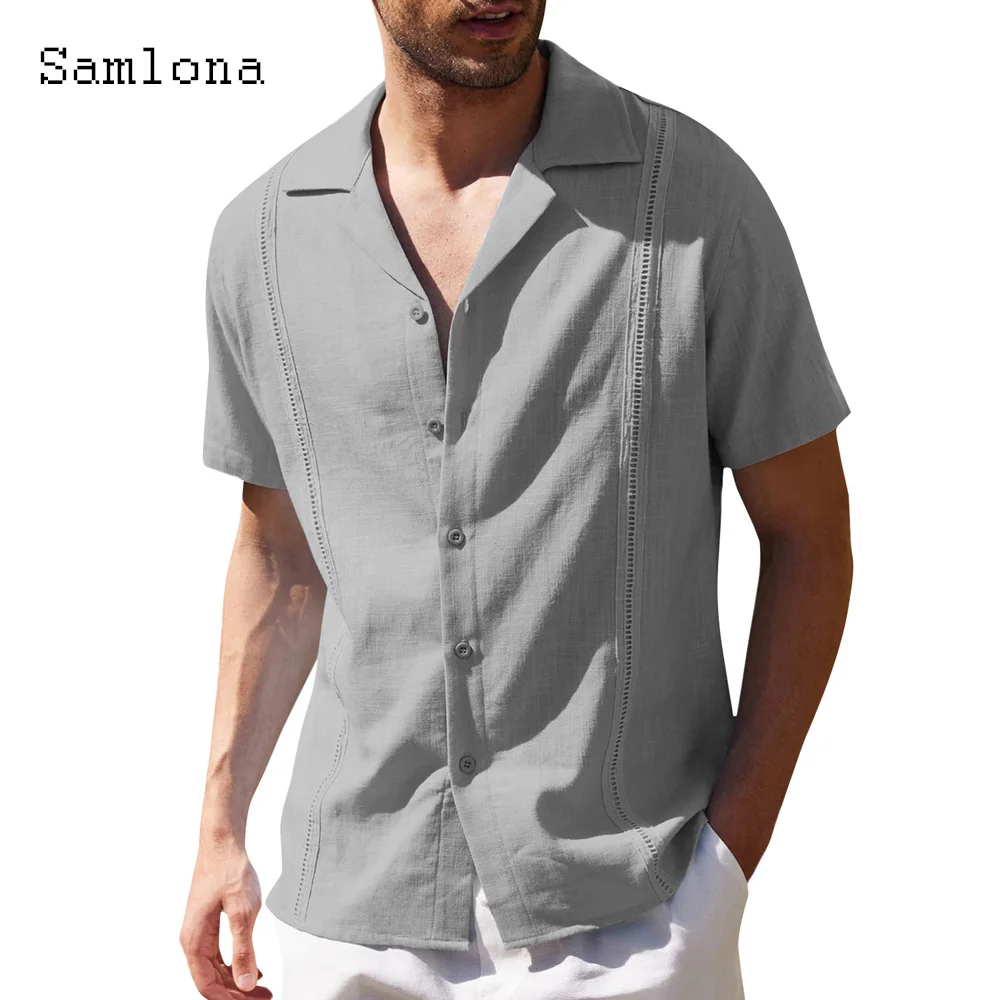 Solid Gray White Casual Linen Blouse Mans Clothing 2023 Short Sleeve Basic Shirt Masculina Camisa Shirt blusas Homme Ropa Wear