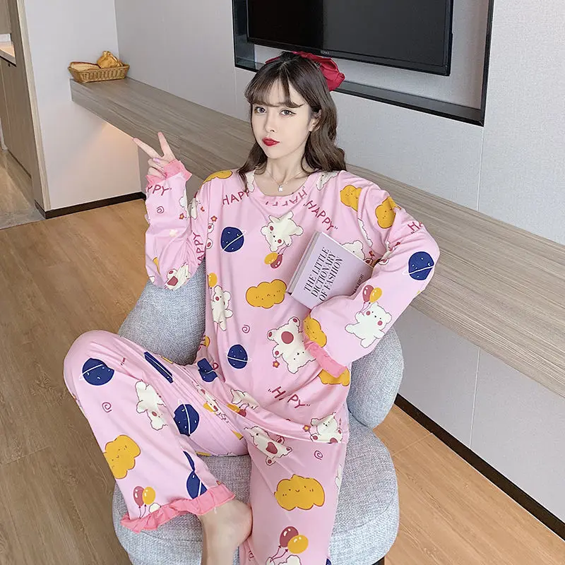 Autumn Sleep Lounge Pajama Long Sleeved Top Polka Dots Women Pajama Sets Cartoon Pyjamas Cotton Sleepwear Women M L XL XXL XXXL