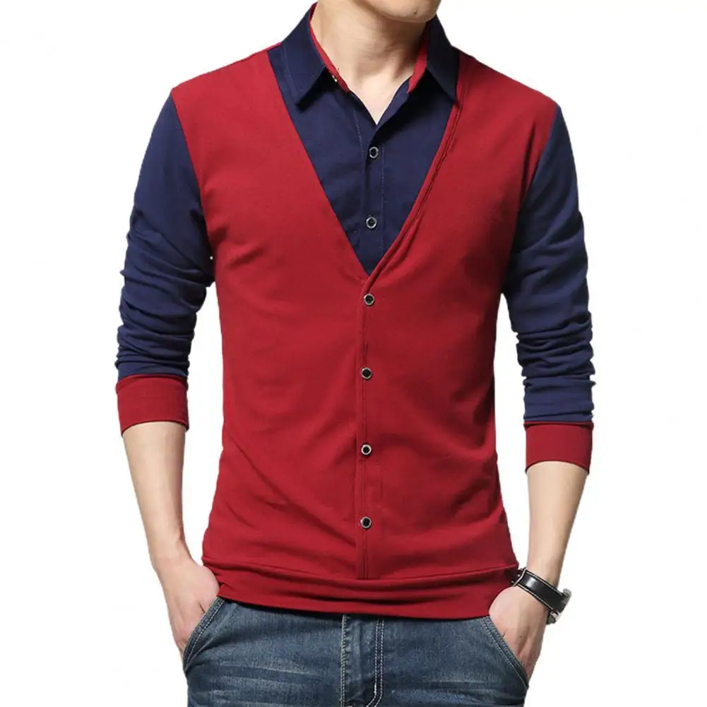 

Pullover Shirt Men's Clothing Patchwork Color Soft Texture Slim Shirt Men Top Turn-Down Collar Fake Two Piece Shirts