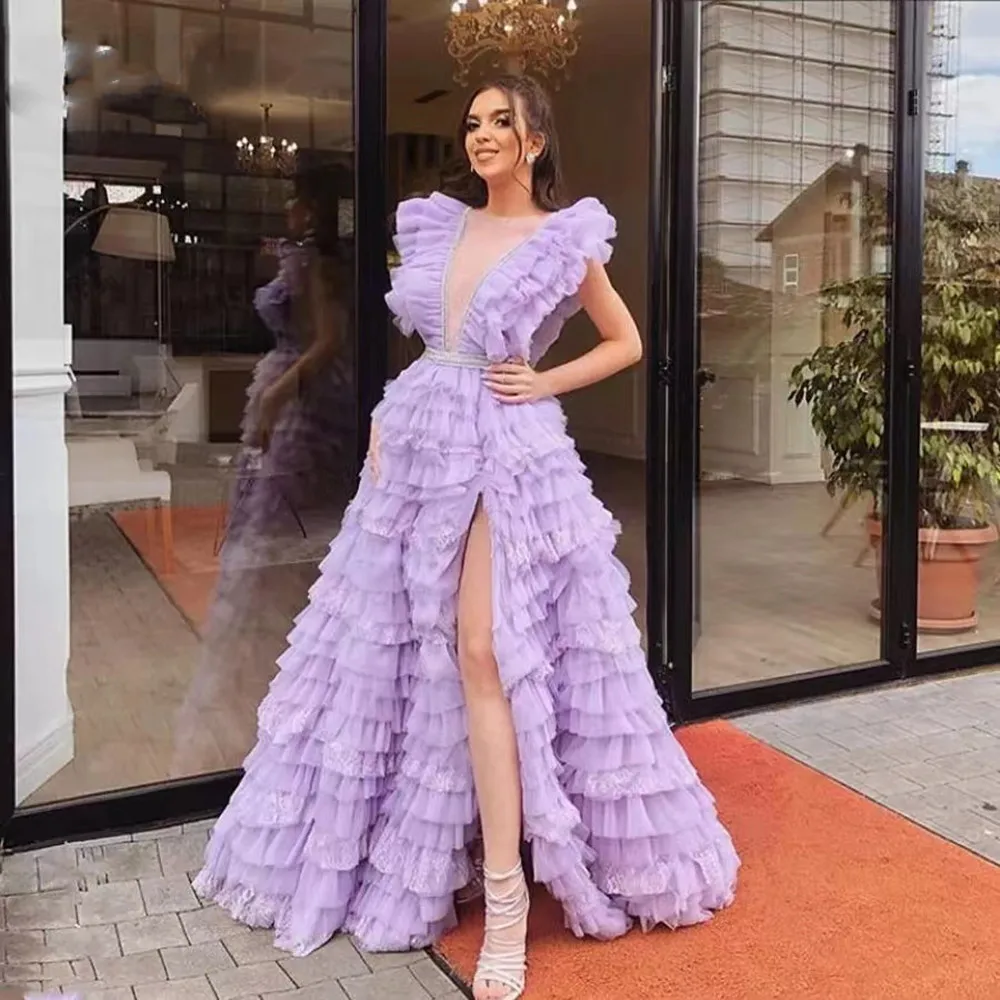 

Purple Pretty Elegant Prom Dress High Split Ruffles Sleeves Lace Tulle Tiered A-line Split Women Long Sexy Party Evening Gowns