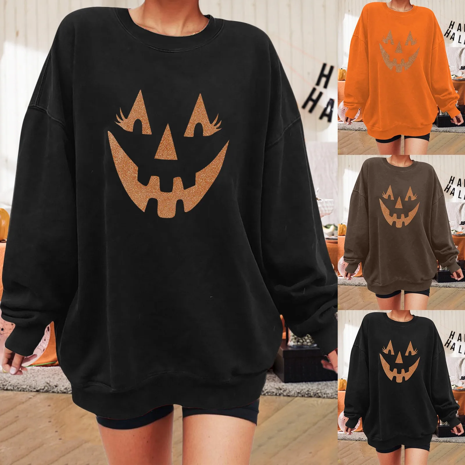 

Halloween Graphic Print Brushed Oversized Sweatshirt Crewneck Long Sleeve Shoulder Pullover Hoodie Cropped Workout Sweatshirt