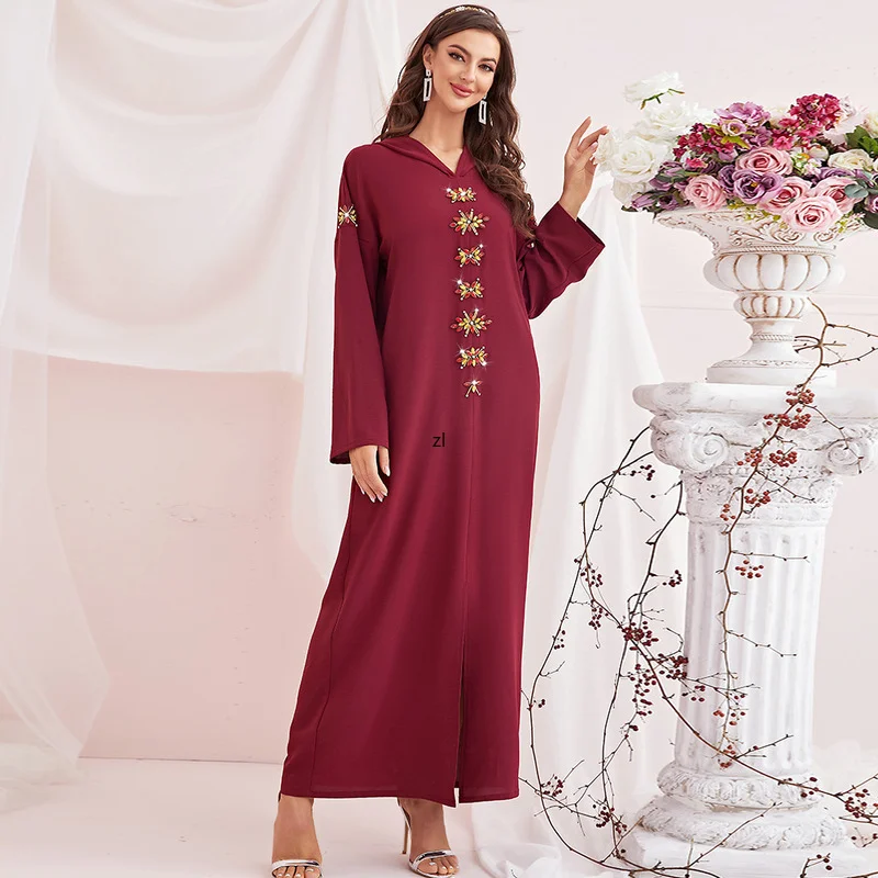 Women's Robe Tibetan Blue Handmade Diamond Hooded Dress Muslim Maxi Dress 2022 New Kaftan Abayas Djellaba Moroccan Vestidos
