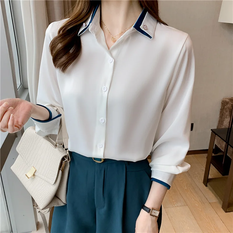 

Summer New Women's Blouses Polo Shirt Long Sleeve Top Solid Satin Casual Fashion Loose Female Clothing Houthion