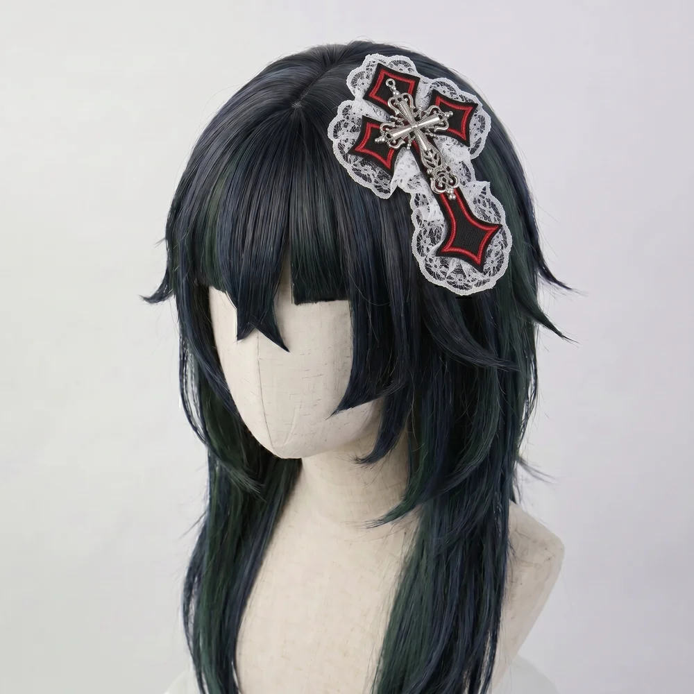 Фото Заколка для волос в стиле Harajuku Y2K Gothic Lolita: готическая, с цепями, в стиле панк, хип-хоп, рок, с кружевом и крестом, для женщин №2