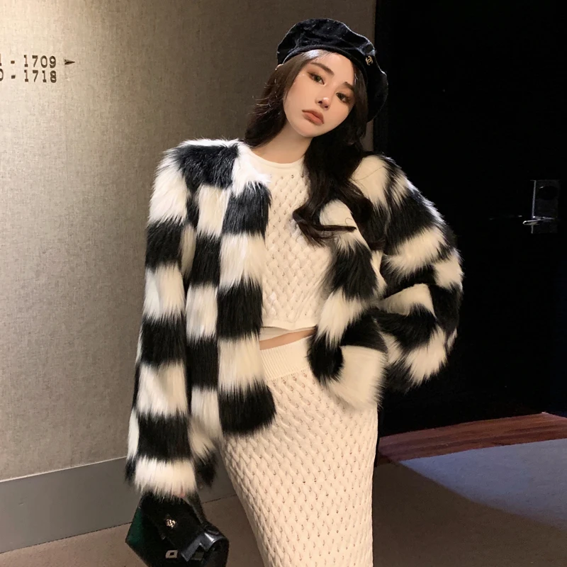 

Winter Mink Fur Women's Faux Fur Coat 2022 New In High Street Black White Plaid Slim Fit Women Fox Fur Jacket Thick Warm Fur