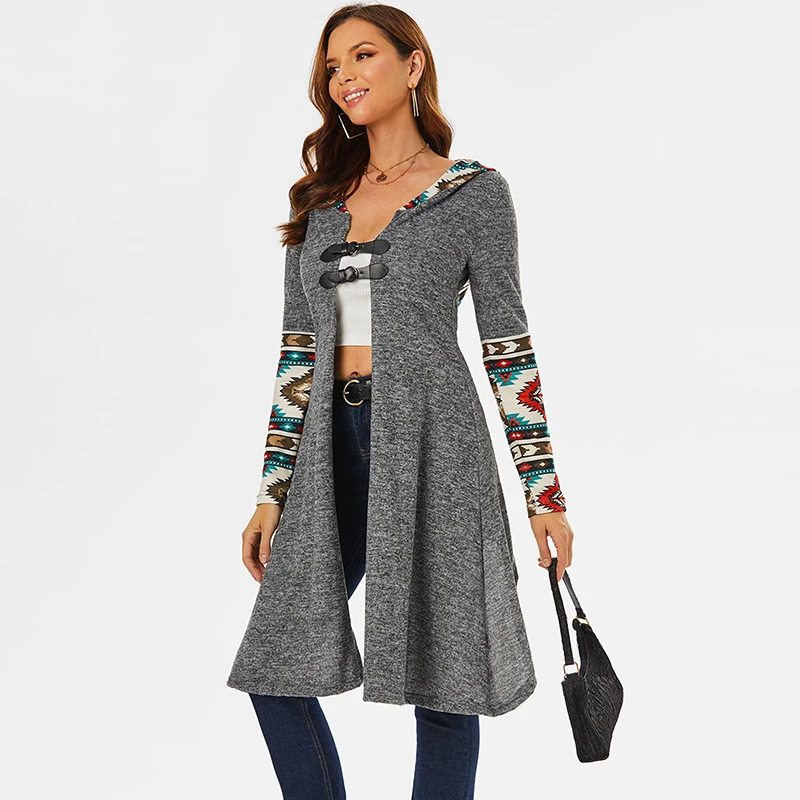 

Hooded Buckle Front Aztec Print Asymmetric Coat Longline Knitted Women Trench