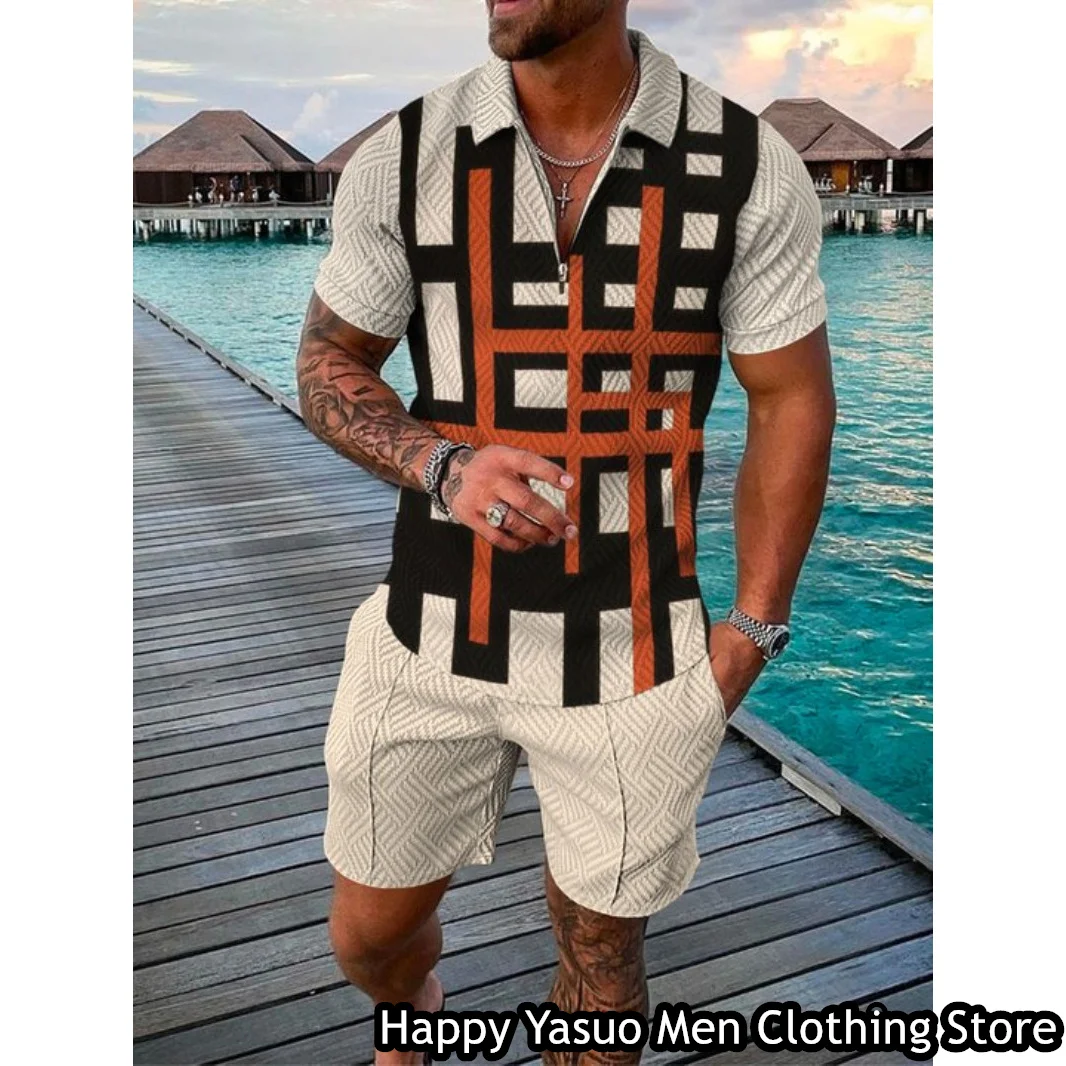 New Summer Men Vintage Polo Shirt Set 2 Pieces Turn Down Collar Tracksuit Fashion Outfit Male Casual Suit Retro Style Clothing