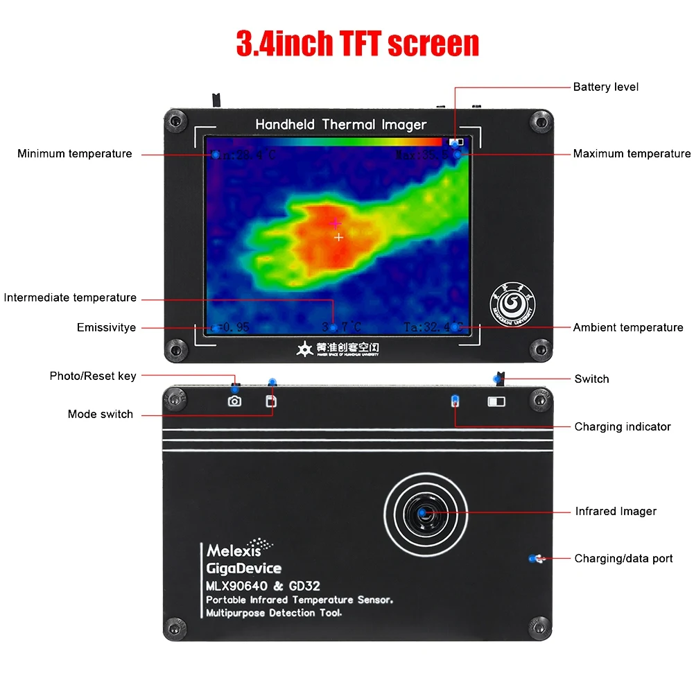 

MLX90640 Multifunction Infrared Imager -40-300℃ Handheld Digital Infrared Thermal Imager 3.4 Inch LCD Display Sensor