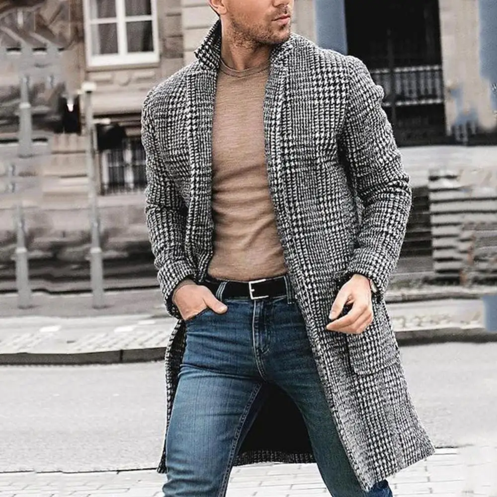 

Autumn Cardigan Winter Lapel Vintage Warm Streetwear Long Slim Plaid Men Woolen Coat Collar Midi collar coats cotton trench coat