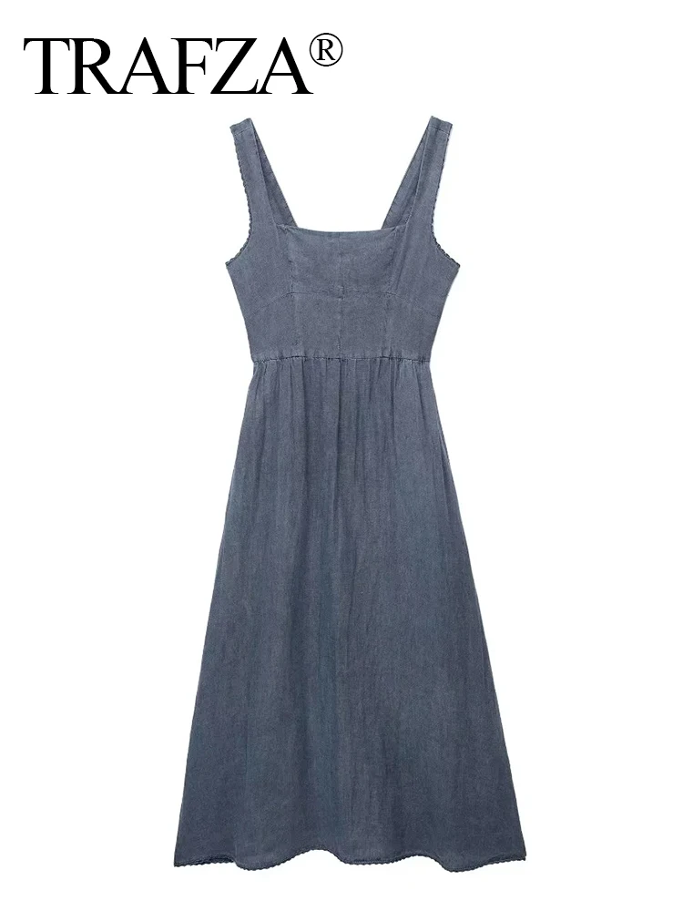 

TRAFZA Woman 2023 Grey Sleeveless Backless Female Dress Ruched Casual Dresses Waist Wide Swing Dress Woman Female Dress