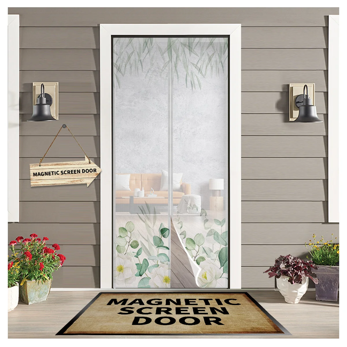 

Summer Watercolor Plant Eucalyptus Leaf Flower Summer Magnetic Mosquito Screen Door Curtain Kitchen Anti-Mosquito Window Screen