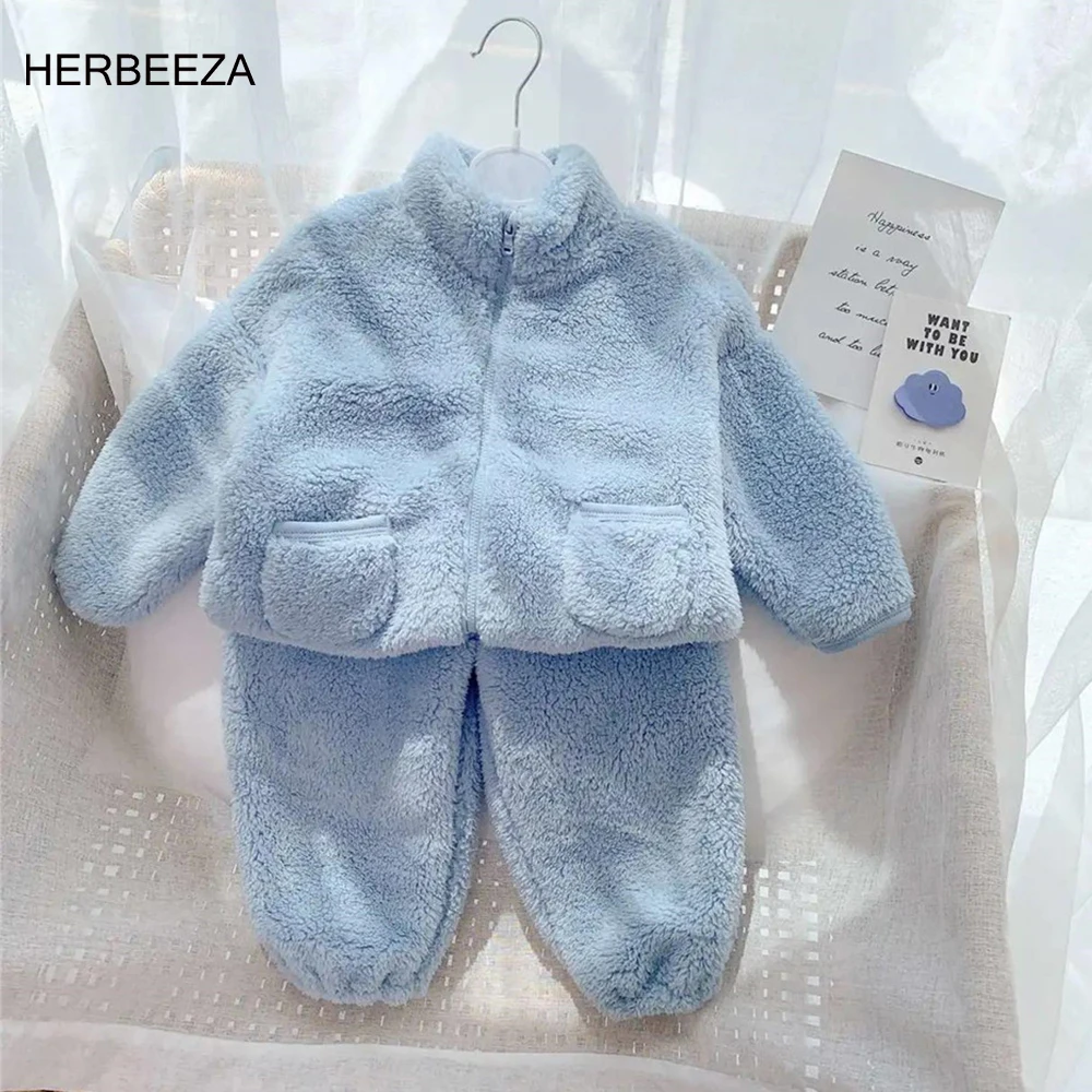 

Осенне-зимний теплый комплект детской одежды, одежда для новорожденных, 2 шт., плюшевый Детский костюм, однотонная детская одежда, 4 цвета