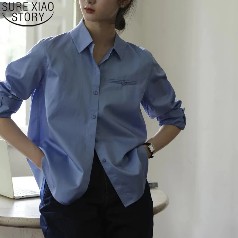 

Autumn Turn Down Collar Cotton Shirt with Pocket Office Lady Casual Loose Long Sleeve Shirt Women Tops Clothes Blusa Mujer 22939