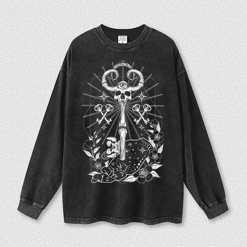

A Key In The Shape of A Skull 2022 Autumn Men's Hip Hop Gothic Clothing Cotton Washed Neutral Oversized Sweatshirts Hoodies