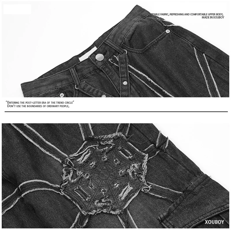 Men's 2023 Spring New American High Street Personality Ribbon Splice Spider Web Pattern Hip Hop Workwear Jeans