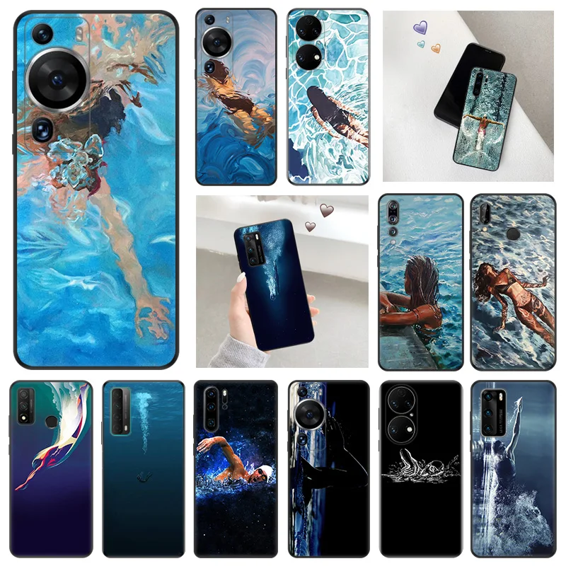 

Soft Phone Case For Huawei P40 P50 P60 Pro P30 P20 Lite P Smart Z Pixel 7 6 5 a 4 XL Swimming Girl Black Matte Cover