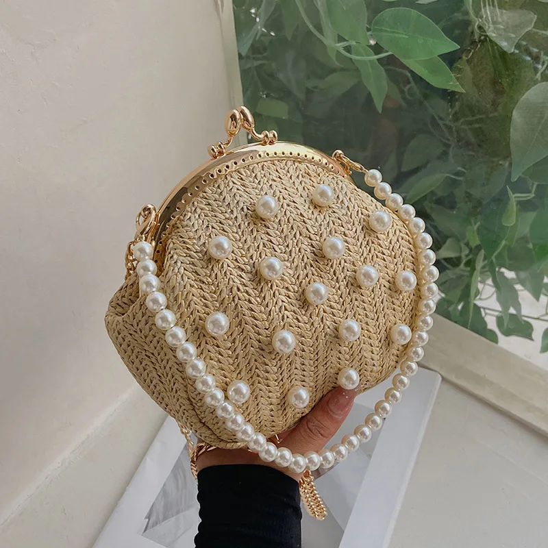 

Летняя плетеная сумочка на цепочке с жемчугом 2022, Индивидуальная сумка через плечо, маленькая роскошная дизайнерская сумочка, женская сумк...