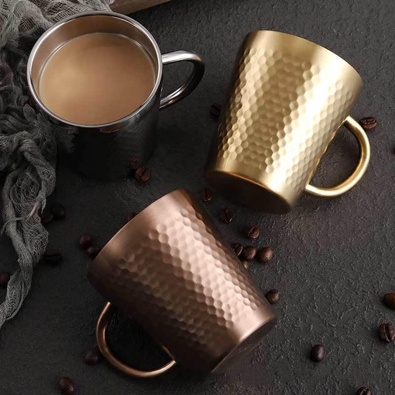 

Hammered Texture Coffee Cup 304 Stainless Steel Double Wall Anti-scalding Handle Tea Cup Juice Drink Milk Coffee Travel Mug