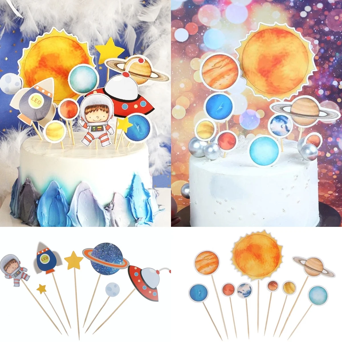 

Astronaut Spaceship Space Planet UFO Cosmic Solar System Theme Trip To The Moon Birthday Children's Day Party Cake Toppers Decor