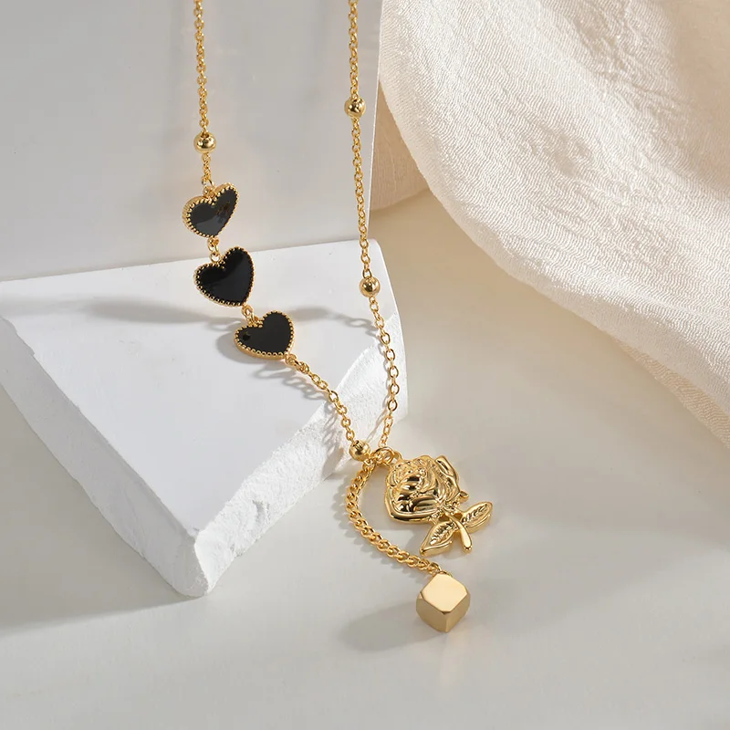 Fashion Jewelry Heart Necklace Women Girl Valentine Gifts Rose Flower Pendant Stainless Steel Chains