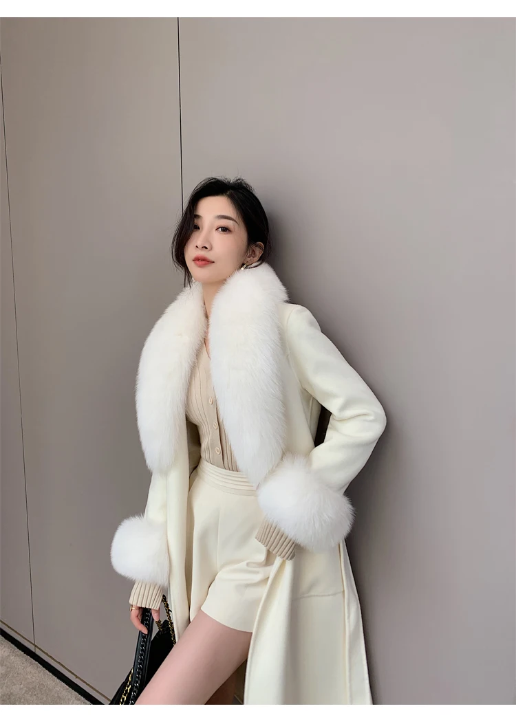 Women Winter Real Fur Coat Long Jacket Natural Fox Fur Collar Cashmere Wool Blends Thick Warm Outerwear Belt Ladies Streetwear