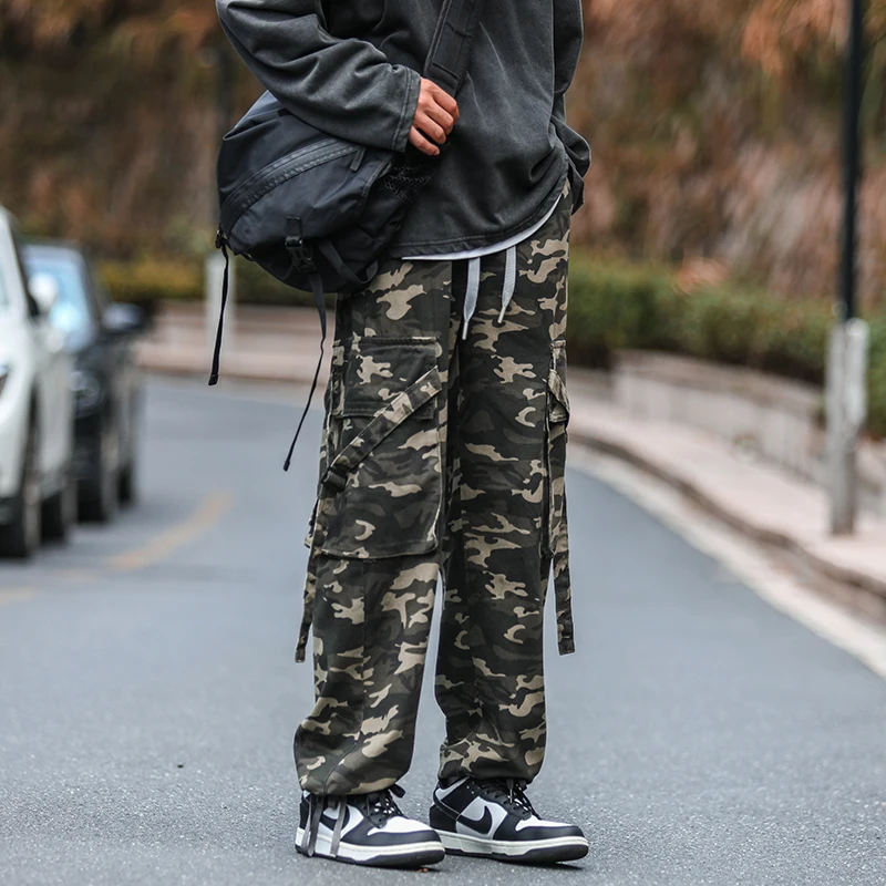 

New Arrives Man Camouflage Pants Cotton Military Big Pocket Ribbons Long Baggy Trousers Drawstring Plus Size Cargo Pants for men