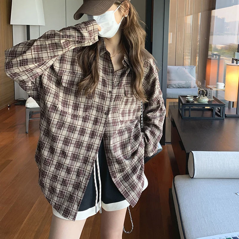 

Rimocy Korean Style Plaid Oversized Shirt Women 2023 Harajuku Long Sleeve Vintage Blouse Woman Chic Wild Turn Down Collar Shirts