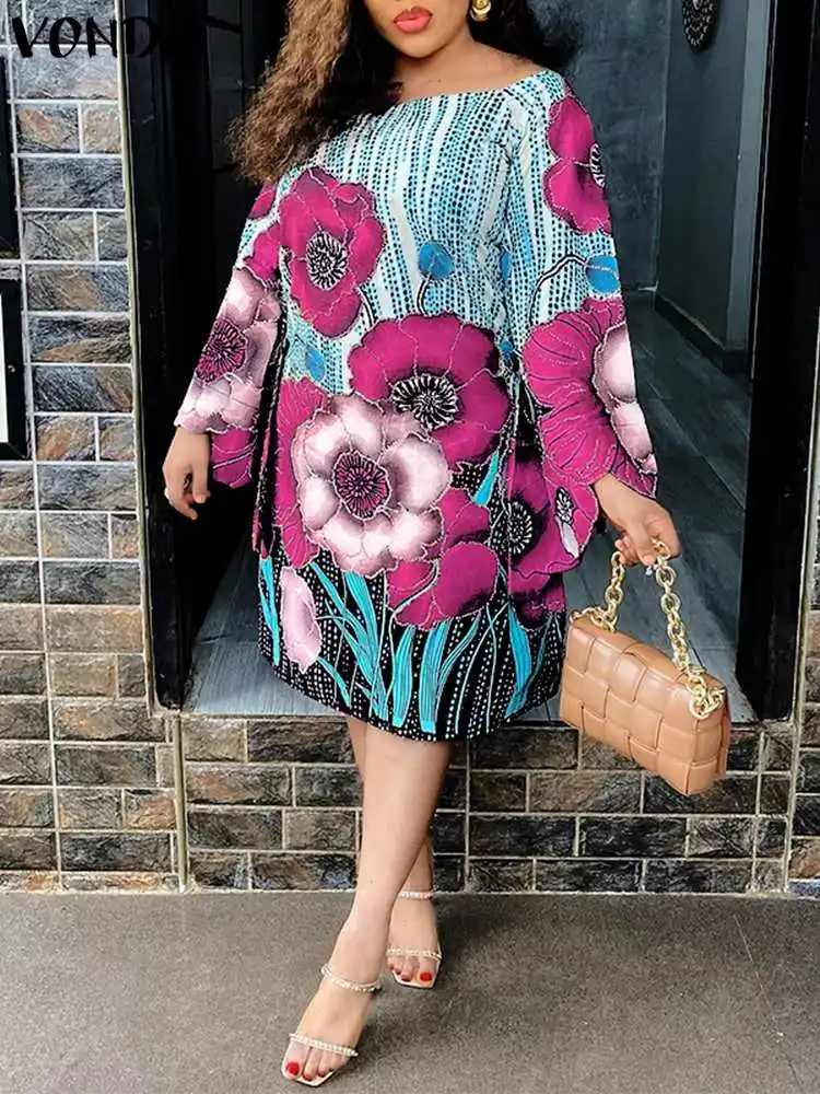 VONDA Plus Size Women 2023 Summer Sundress Floral Printed Party Dress Long Flare Sleeve Vestidos Casual Loose Bohemian Midi Robe